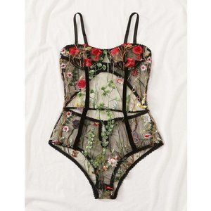 Floral Embroidered Sheer Teddy Bodysuit